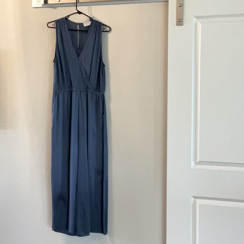 Rich slate blue one piece jumpsuit, made in LA  by Nation. Elastic waist, v-neck